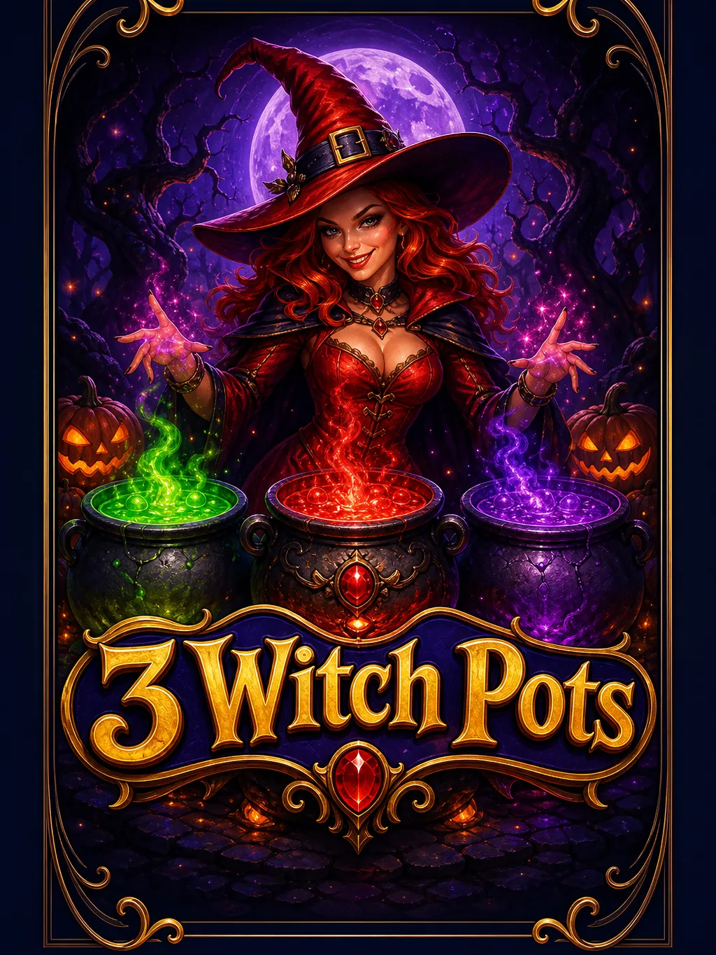 3 Witch Pots slot - witches and black cat on a 5x4 grid with elixir symbols