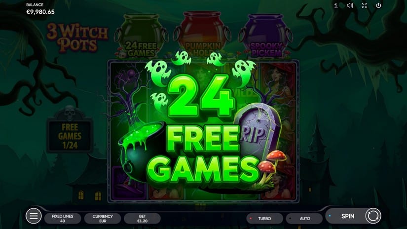 3 Witch Pots base game reels with the three bonus pots