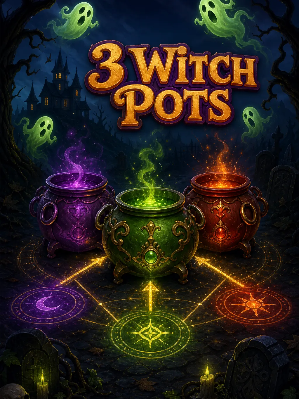 3 Witch Pots strategy diagram showing a 1.5x to 2.5x win-goal